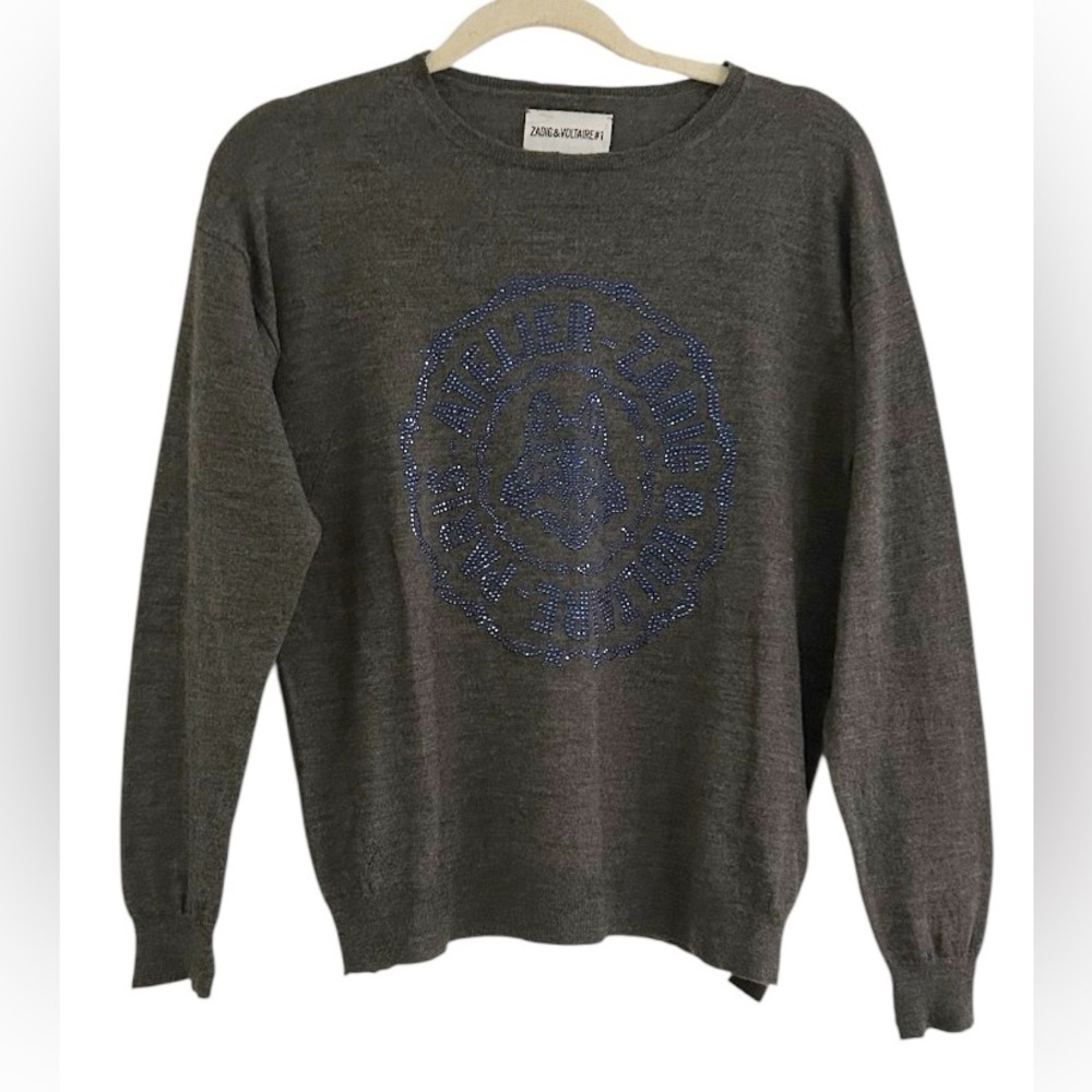 Zadig & Voltaire Beaded Fox Signature Wool Sweater Small Gray Light Weight